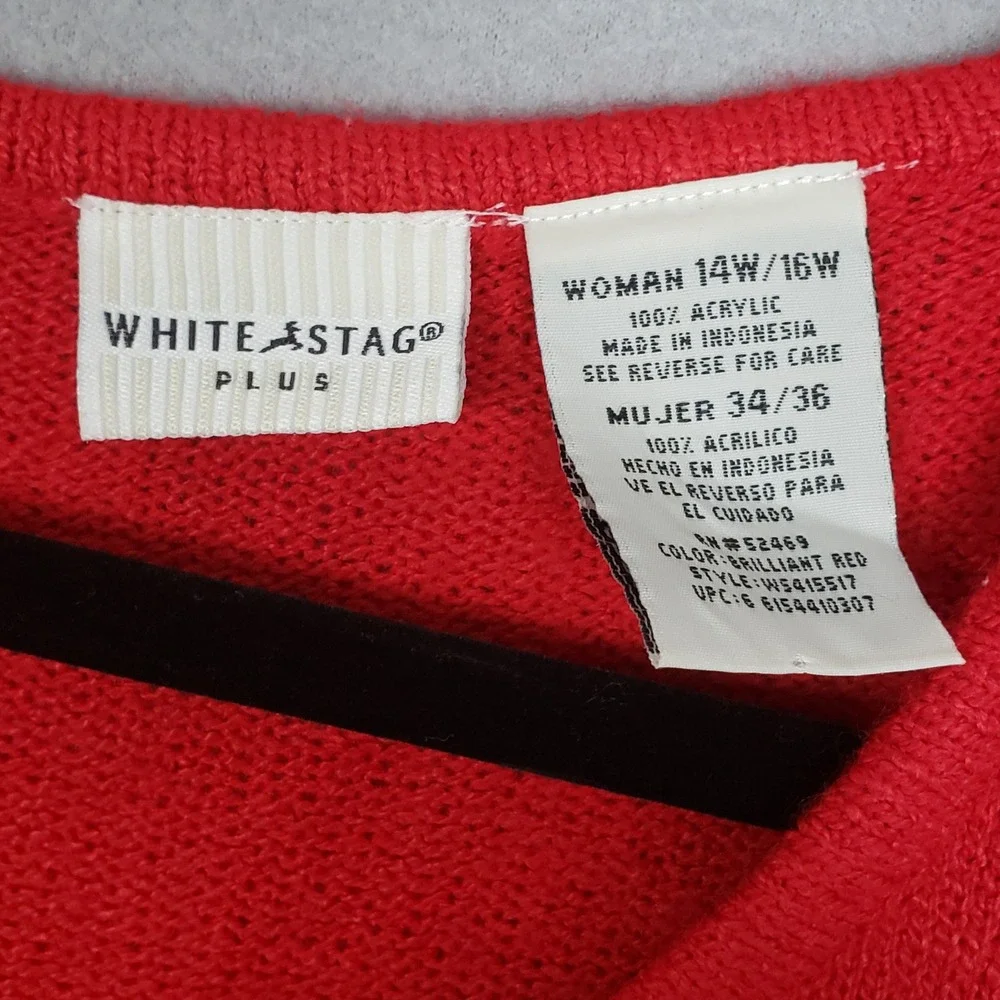 White Stag Size Plus 14W/16W V-Neck Sweater Red 3/4 Sleeve Casual Basic Pullover